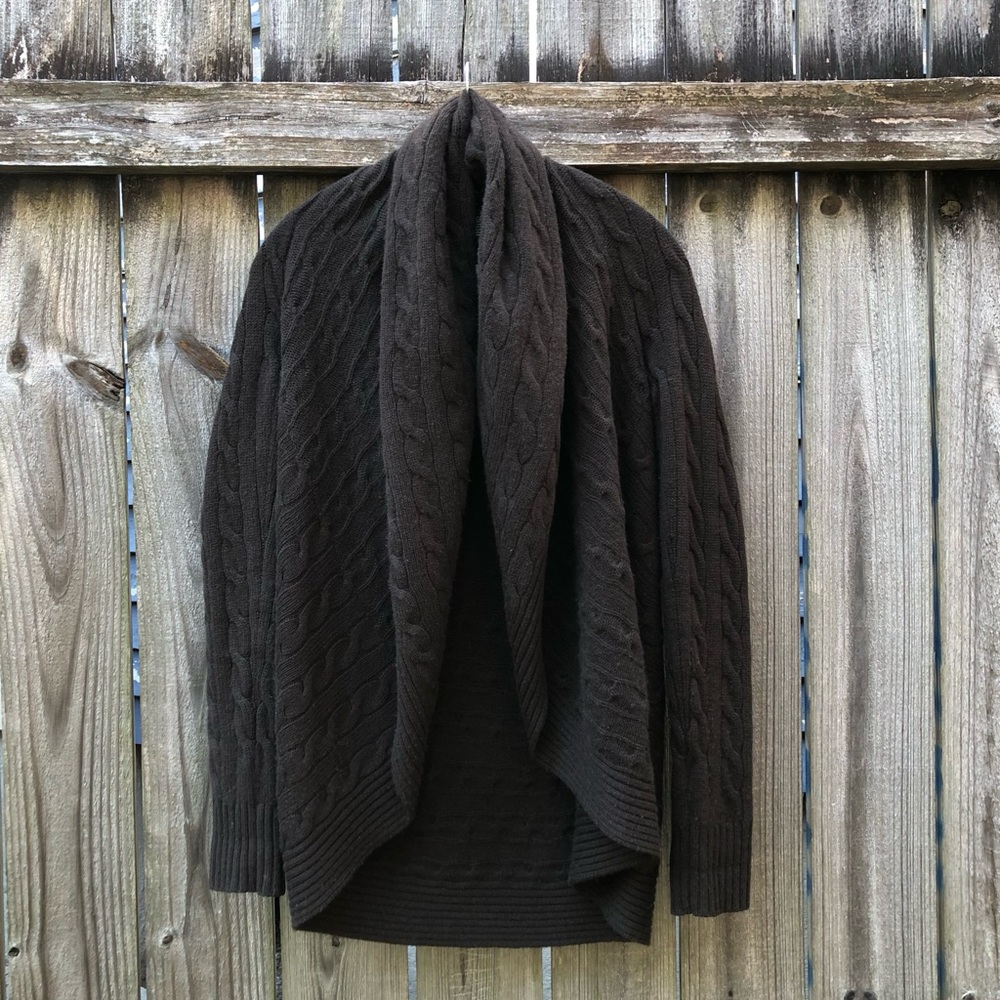 Ralph Lauren Black Label Cashmere Cable Knit Open Front Cardigan Chocolate Brown